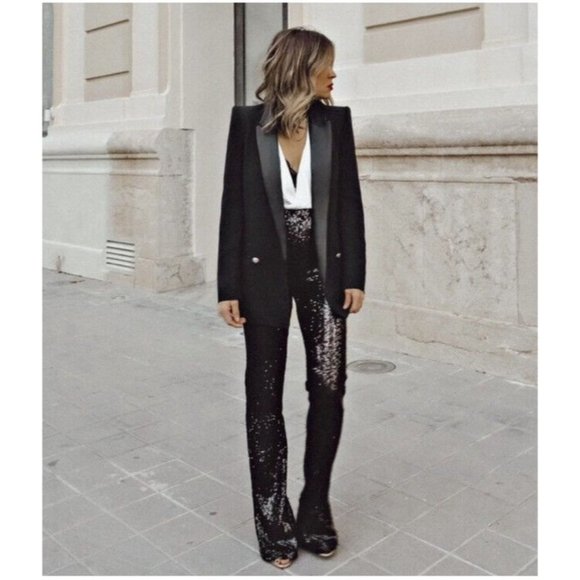 Zara Black and Silver Sequin Wide Leg Pants - Picture 2 of 14